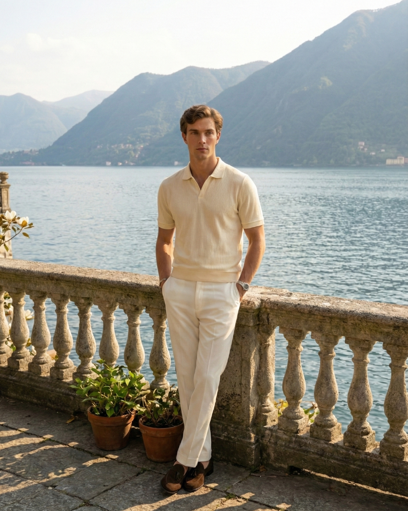 Man standing on a balcony wearing a polo shirt, pants and loafers overlooking a lake with mountains in the background
