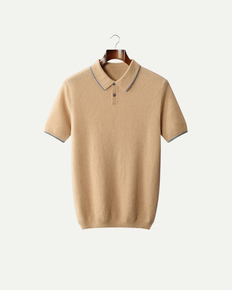 Camel cashmere knit polo shirt men short sleeve premium textured polo