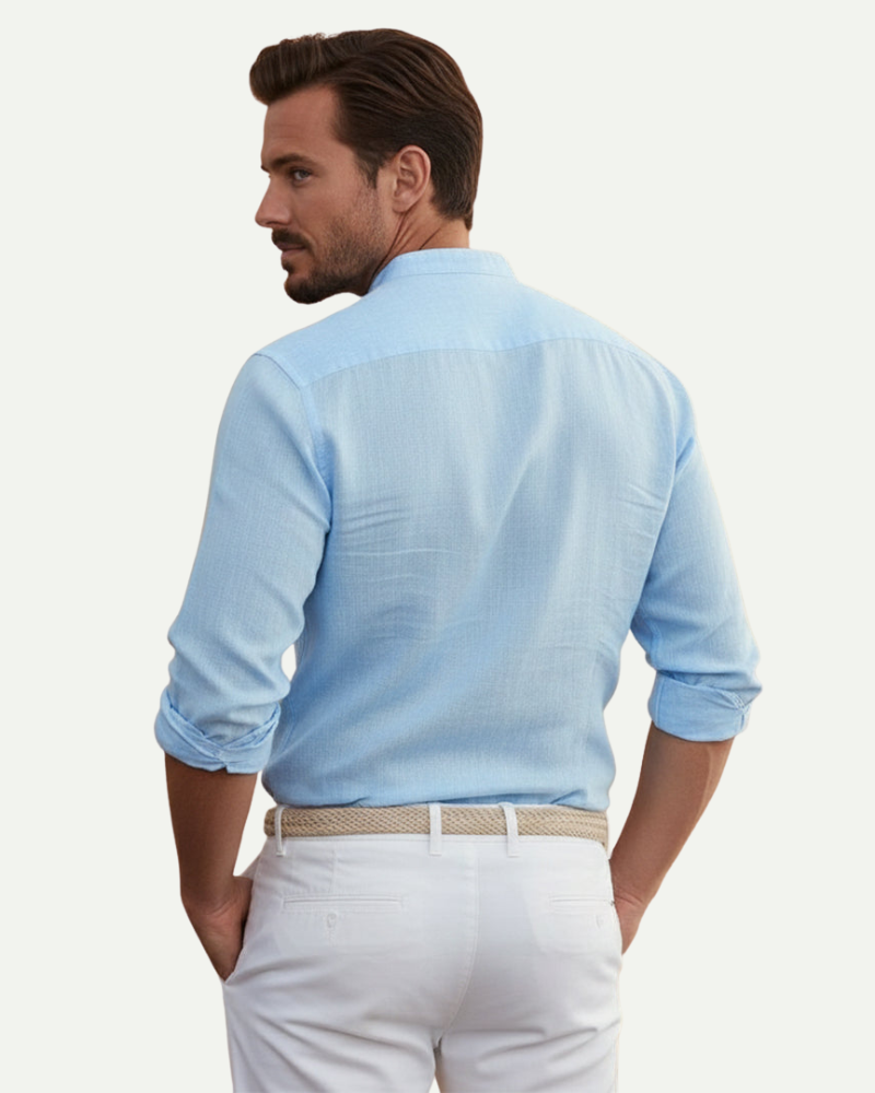 male model wearing light blue linen shirt stand collar back view Lubomirske