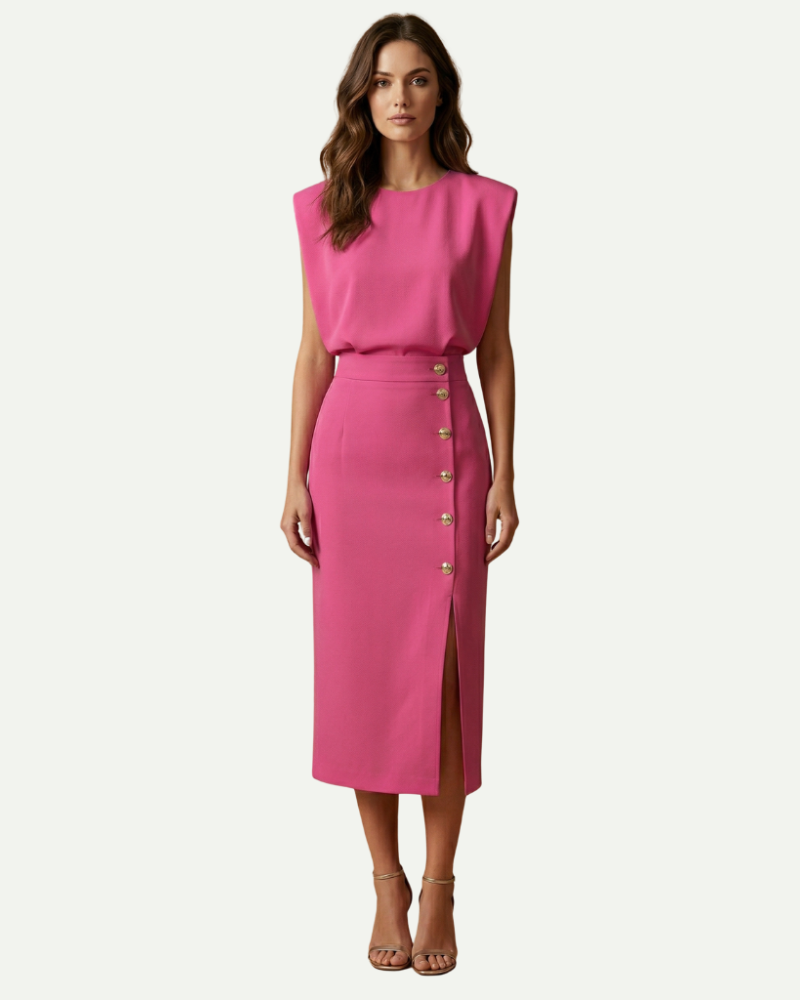 female model wearing pink sheath midi dress button front slit Lubomirske