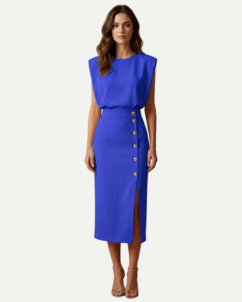female model wearing royal blue sheath midi dress elegant fit Lubomirske