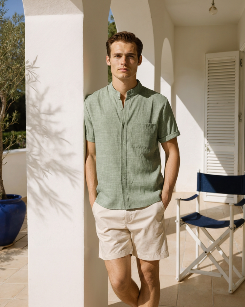 Man wearing a green shirt and beige shorts standing outdoors near white columns and a blue chair.
