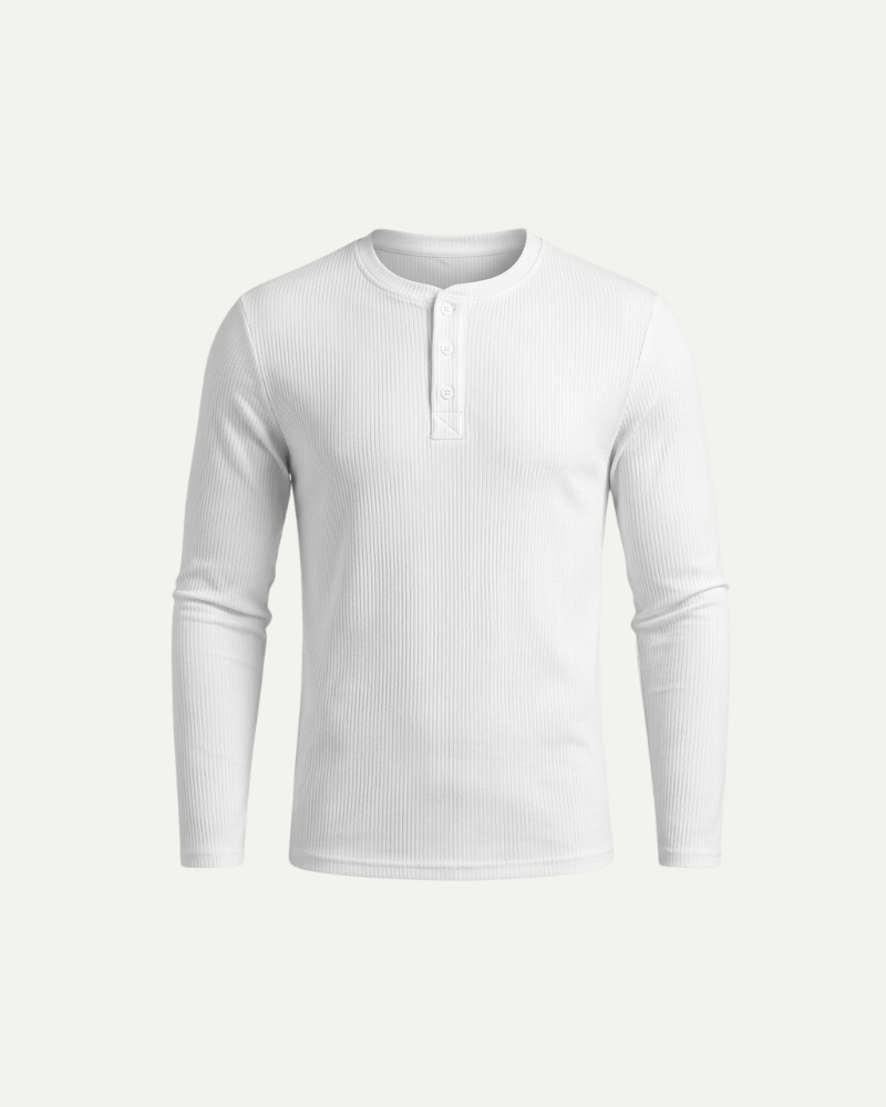 White long-sleeve henley shirt on a light gray background