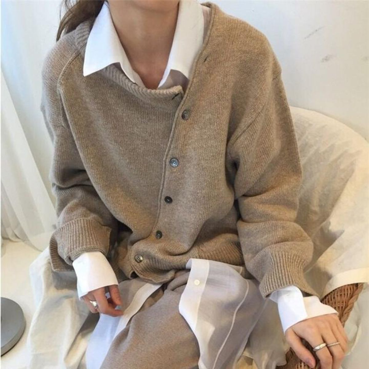 Women's asymmetric button knit cardigan — studio view 4, Aveloire