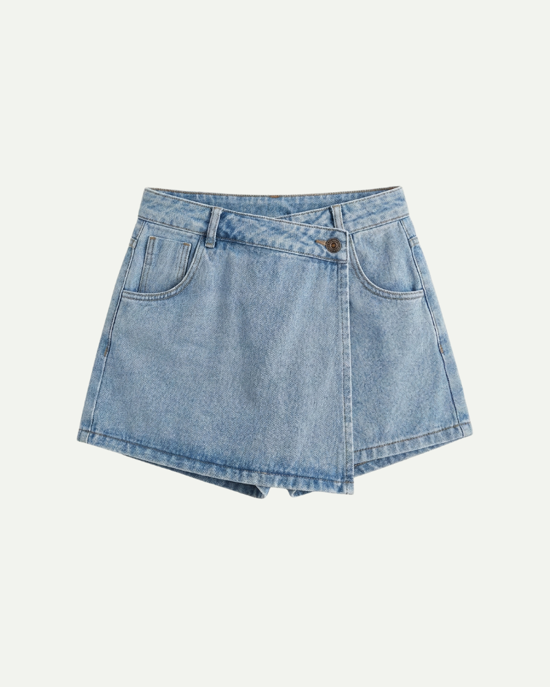 Light blue denim skort on a white background