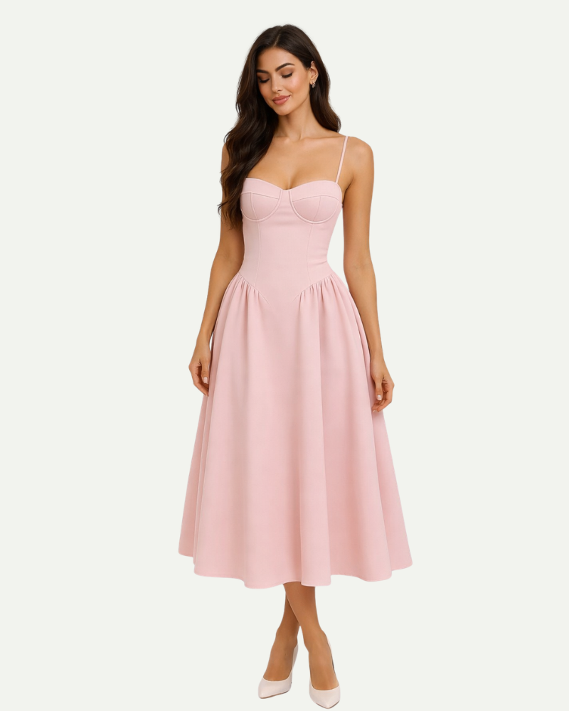 Female model wearing pink bustier midi dress with spaghetti straps and fitted bodice
