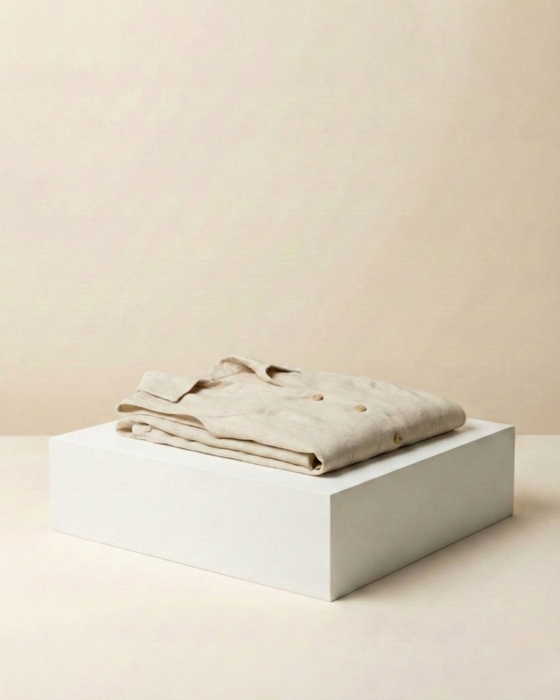 Folded beige dress on a white pedestal against a beige background