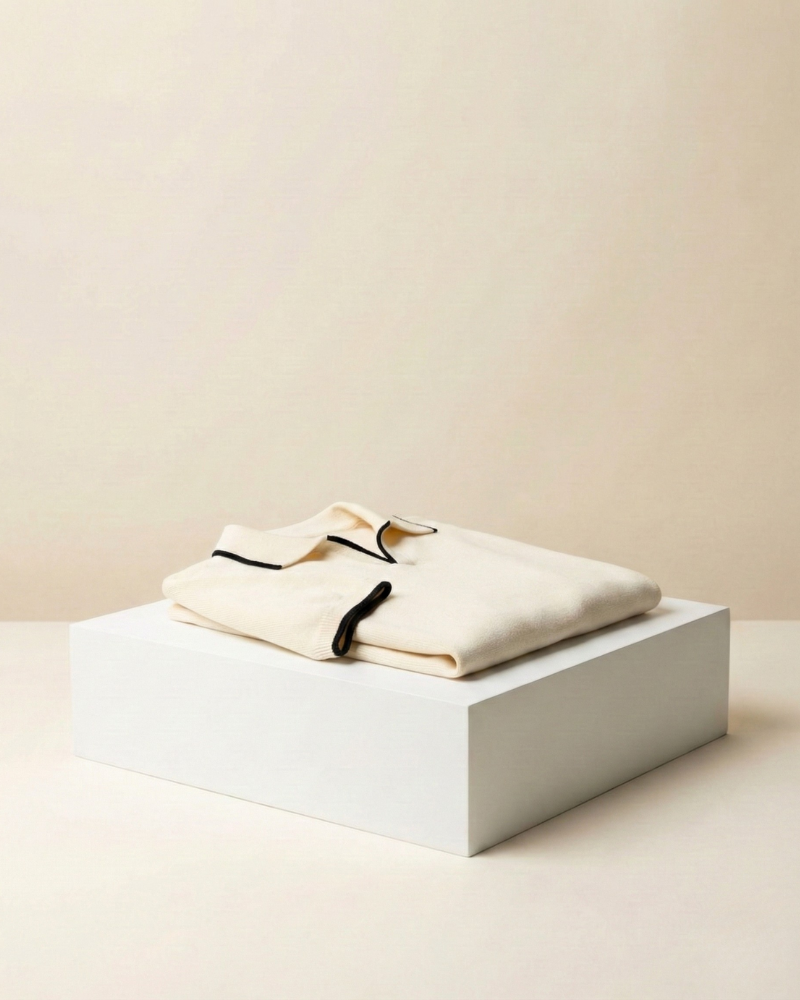 Folded beige polo shirt on a white box against a beige background