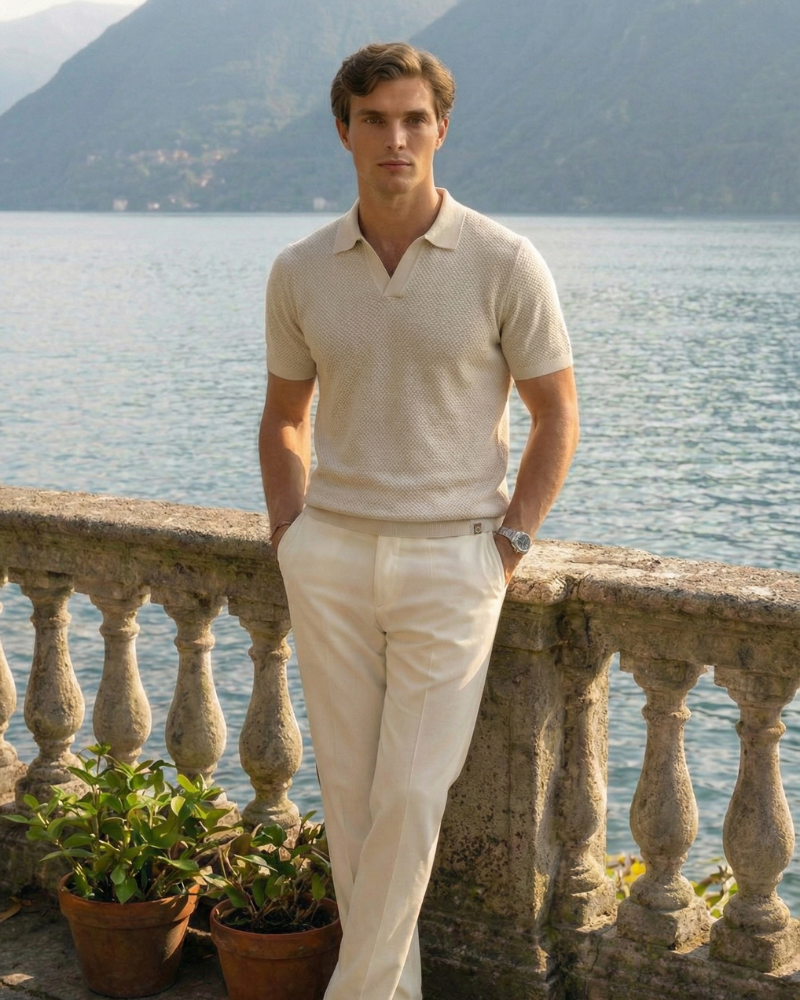 Men’s ivory short sleeve knit polo shirt relaxed fit full body on model