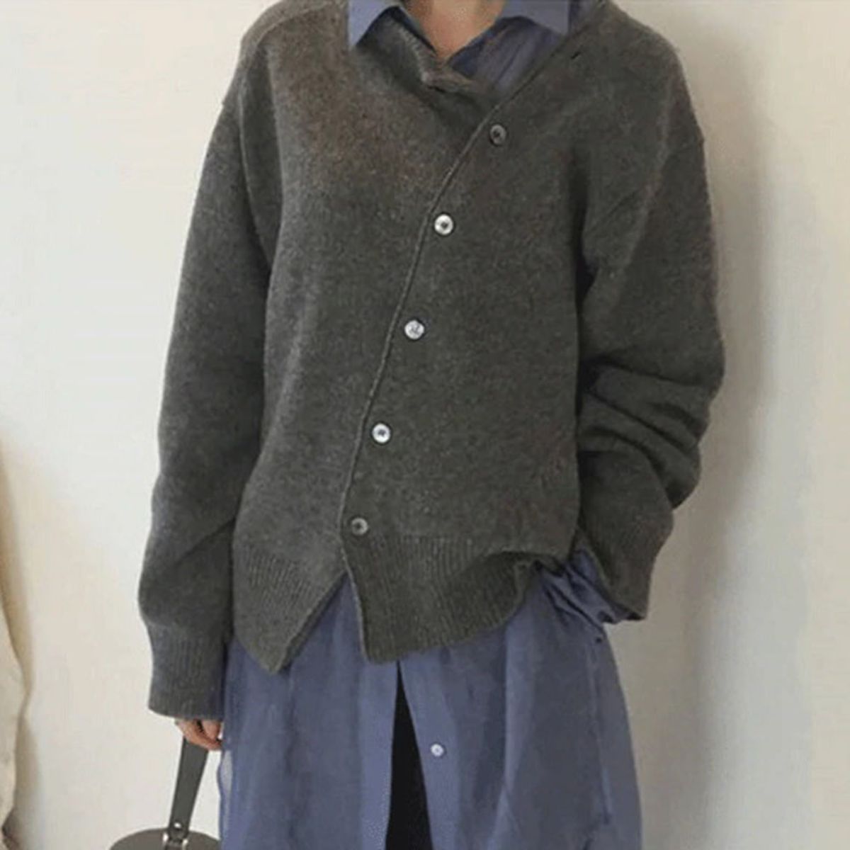 Women's asymmetric button knit cardigan — studio view 2, Aveloire