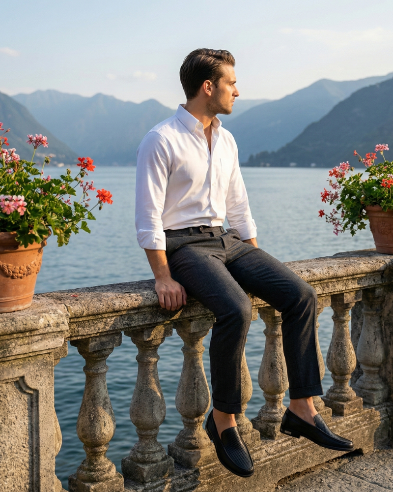 Man wearing a shirt, pants and loafers sitting on a stone railing by a lake with mountains in the background