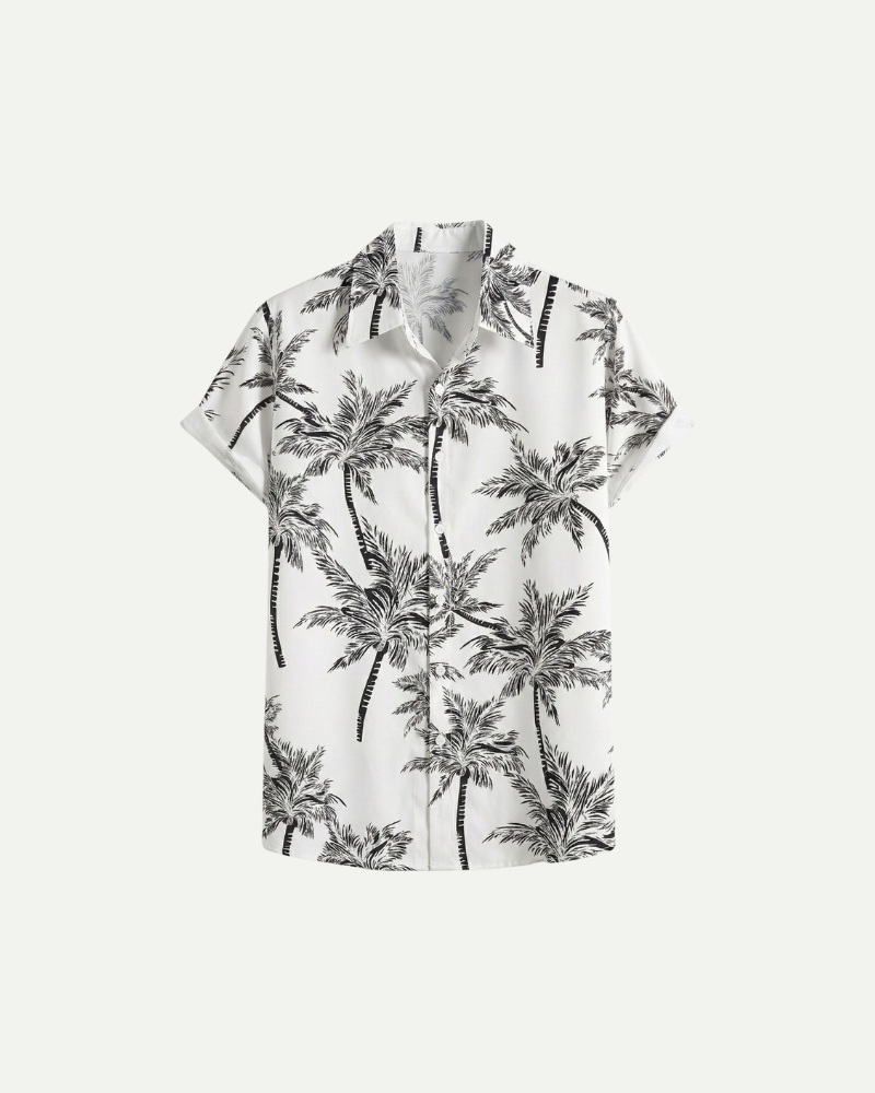 Men’s white Hawaiian short sleeve shirt with palm print and relaxed fit