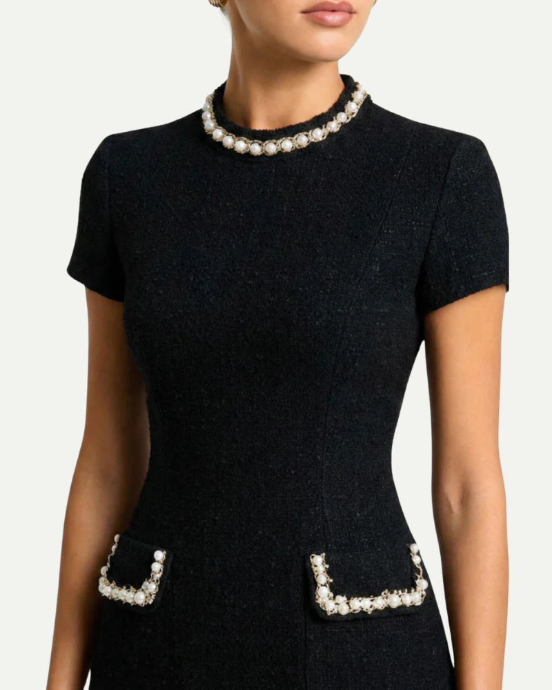 Close up female model wearing black tweed mini dress neckline embellished trim detail