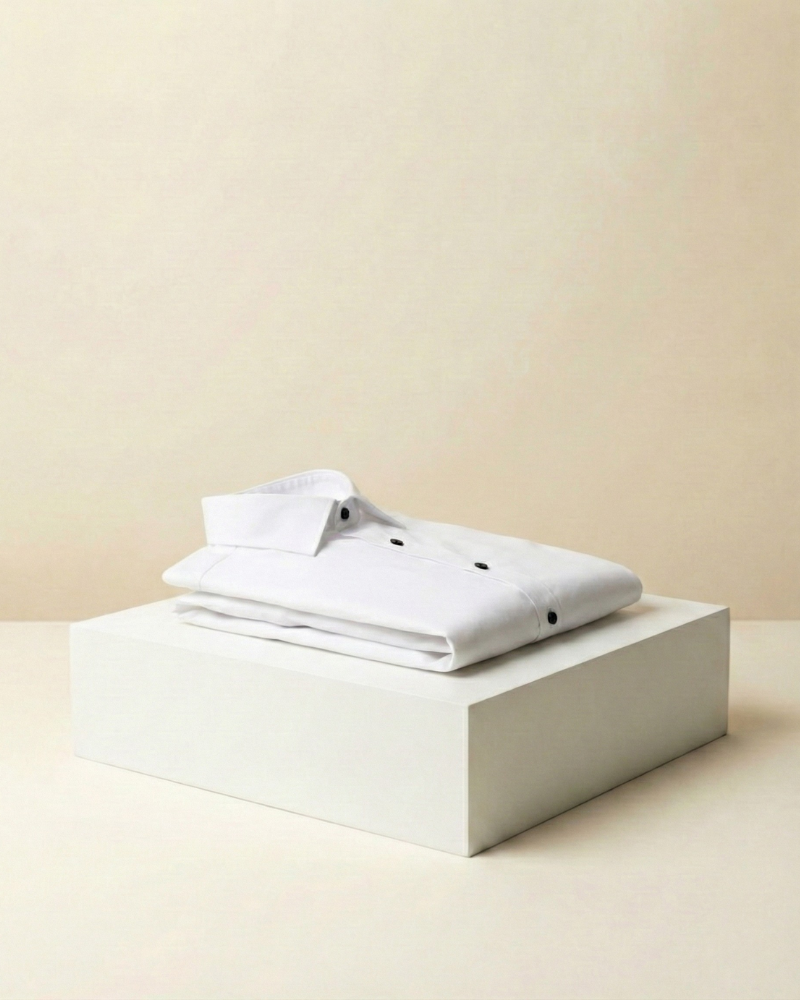 White folded shirt on a white box against a beige background