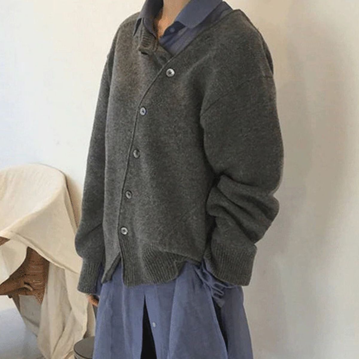 Women's asymmetric button knit cardigan — studio view 6, Aveloire