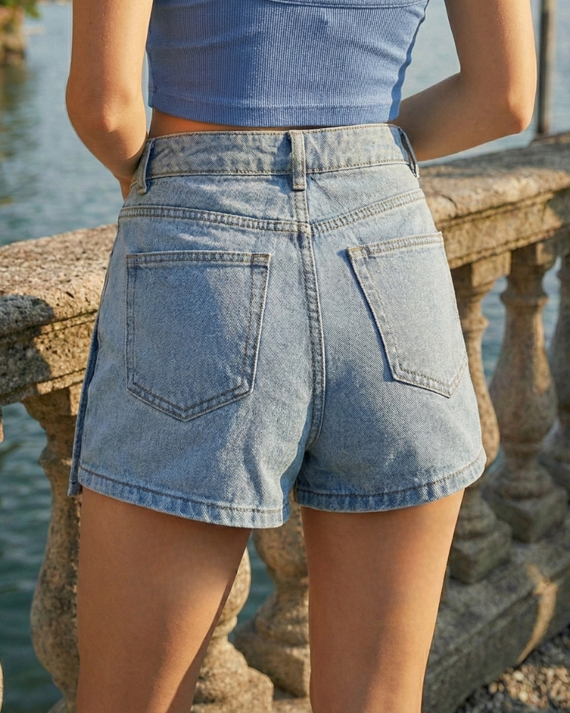 Back angle of a person wearing blue denim skorts standing by a water body.