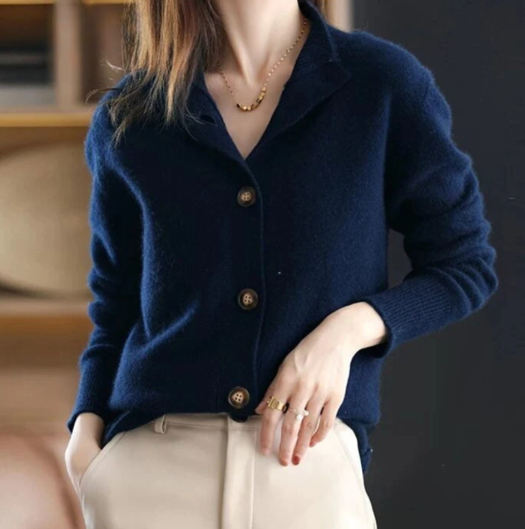 Women's stand collar knit cardigan — studio view 5, Aveloire