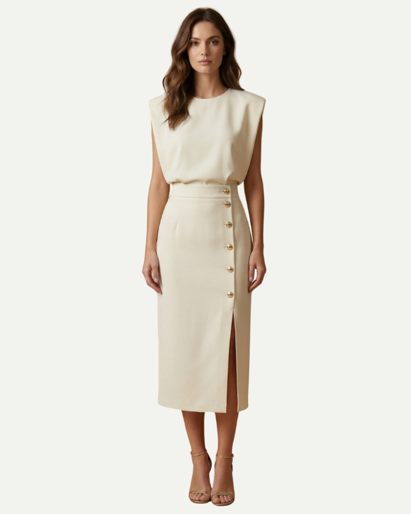 female model wearing cream sheath midi dress round neckline Lubomirske