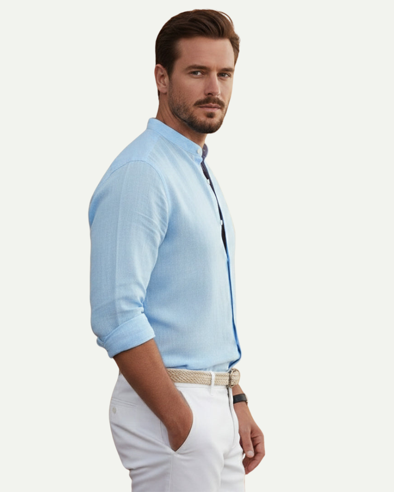 male model wearing light blue linen shirt side profile relaxed fit Lubomirske