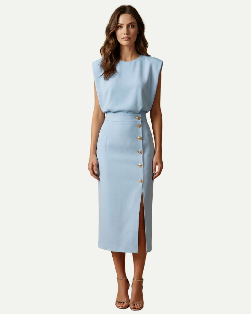 female model wearing light blue sheath midi dress fitted silhouette Lubomirske