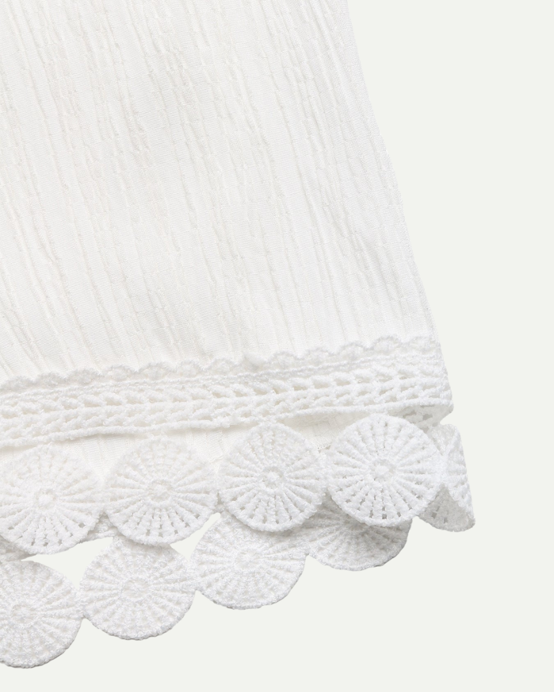 white wide leg trousers high waist drawstring lace trim hem detail