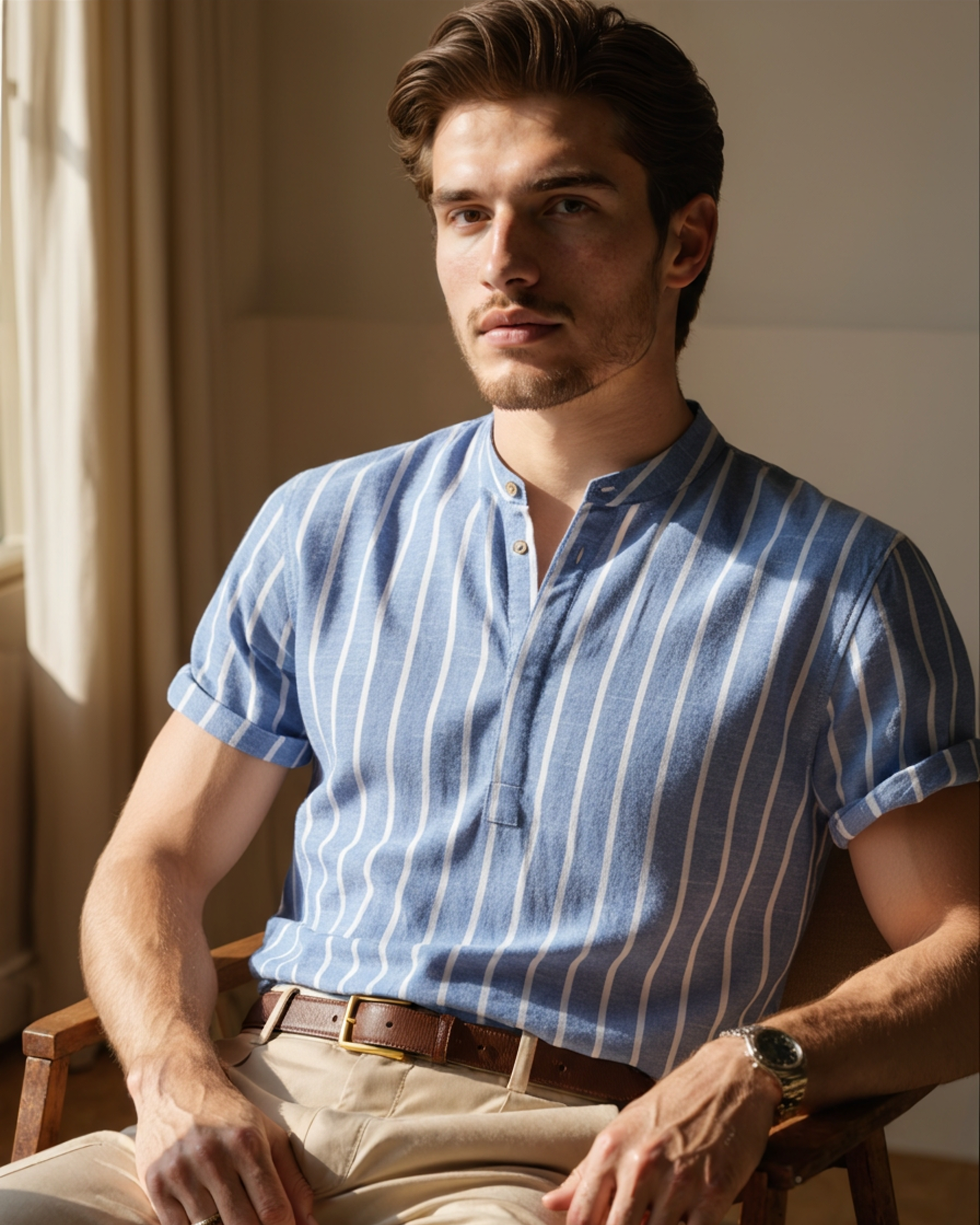 Man wearing a blue striped linen polo shirt sitting in a chair with a neutral background