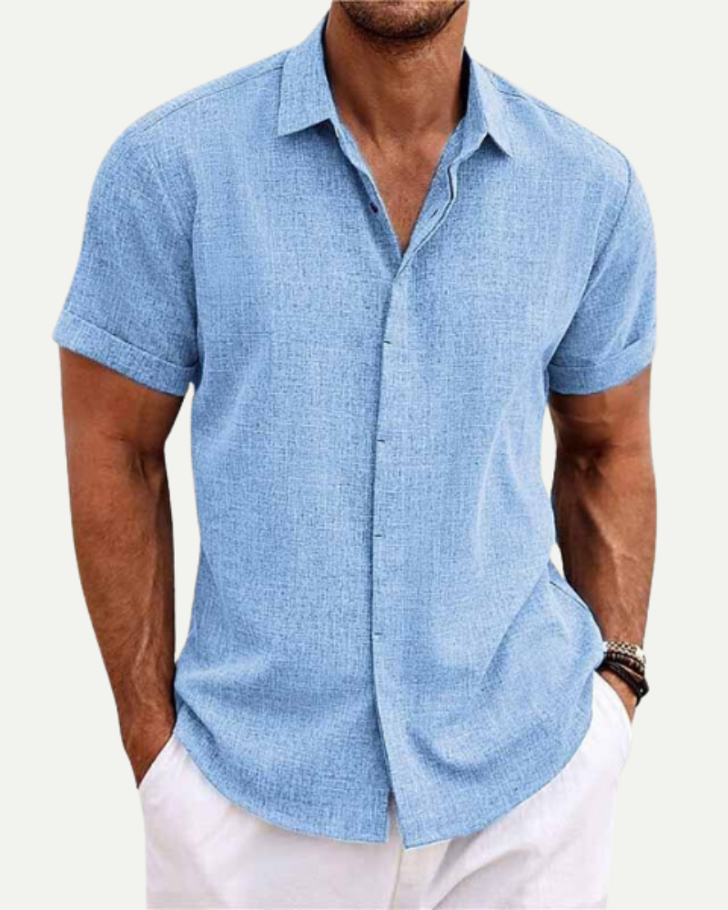 Light blue men short sleeve button up shirt fitted stand collar summer outfit