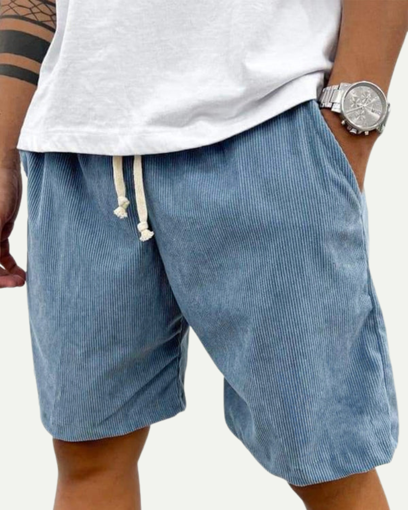 Light blue corduroy shorts men straight fit drawstring casual summer shorts