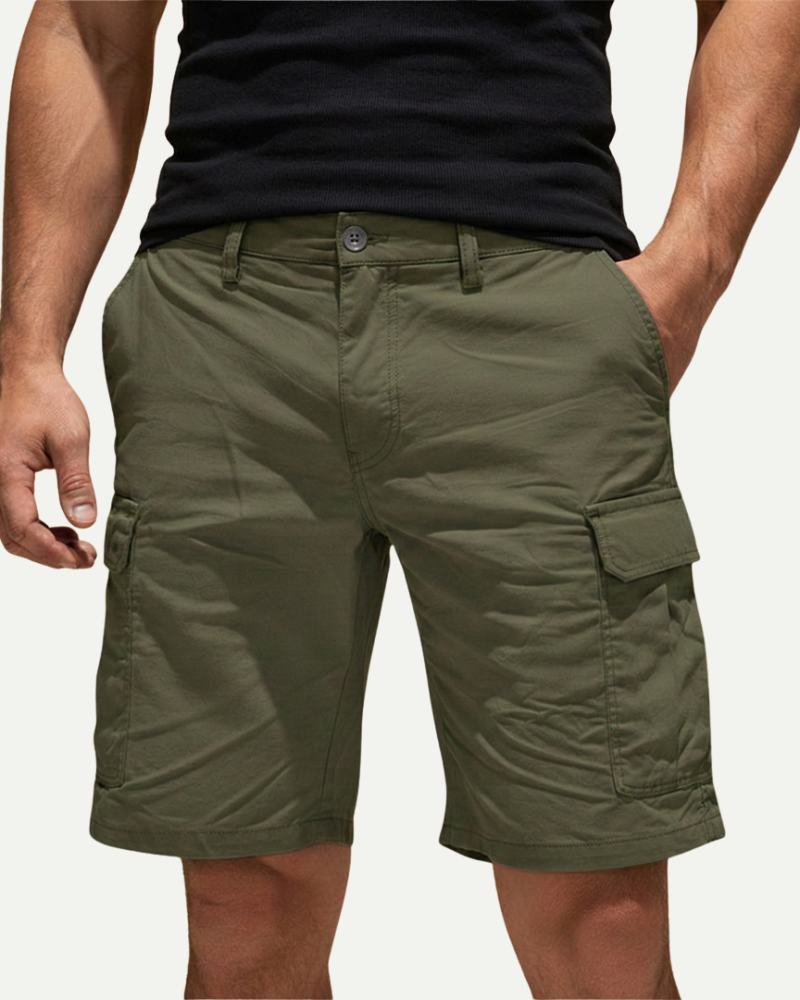 male model wearing khaki green cargo shorts utility pockets Lubomirske