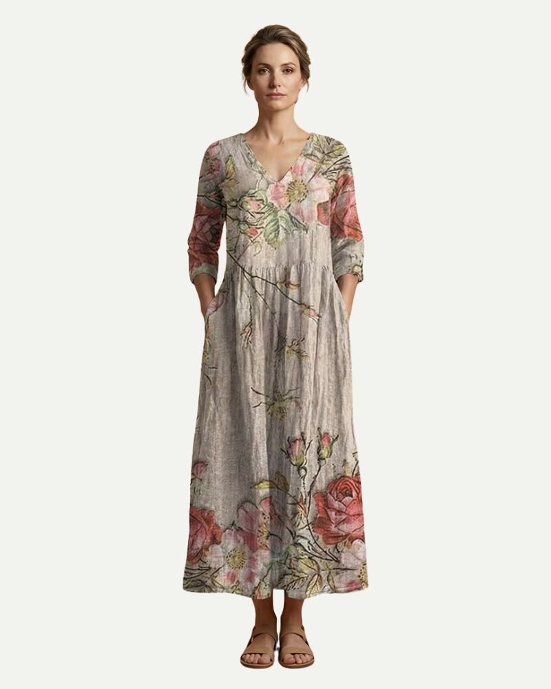 Émilie | Floral A-Line Midi Dress with Long Sleeves
