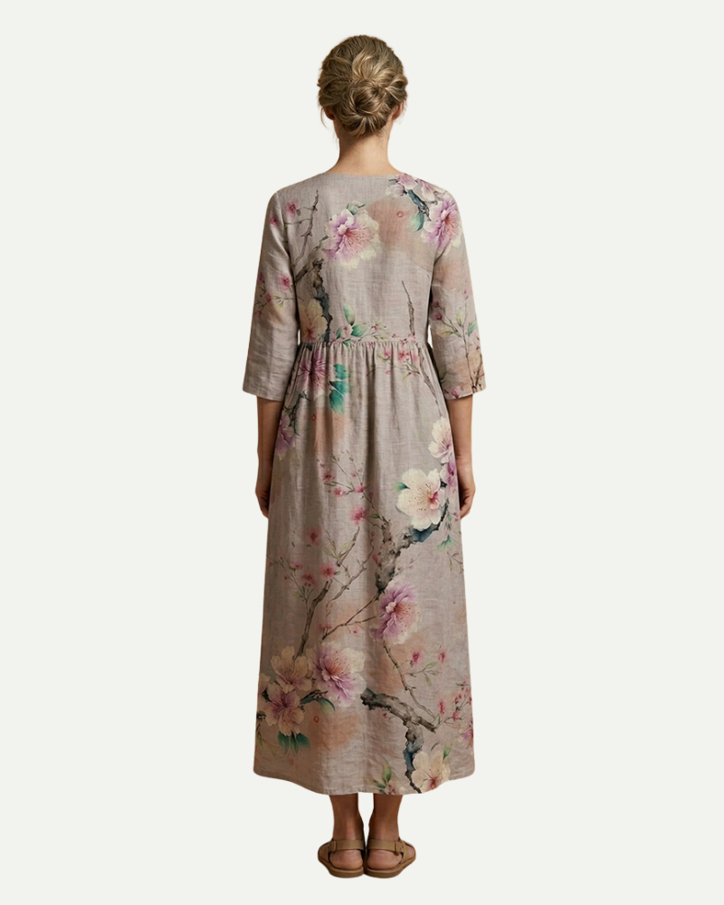 Émilie | Floral A-Line Midi Dress with Long Sleeves