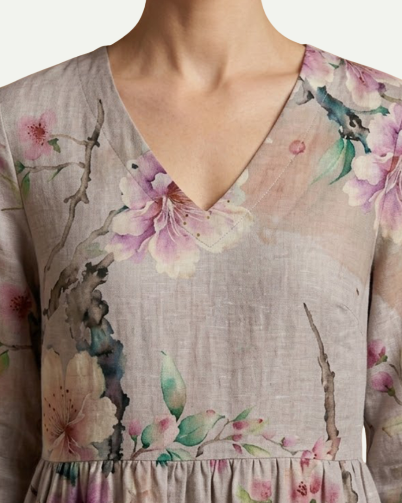 Émilie | Floral A-Line Midi Dress with Long Sleeves