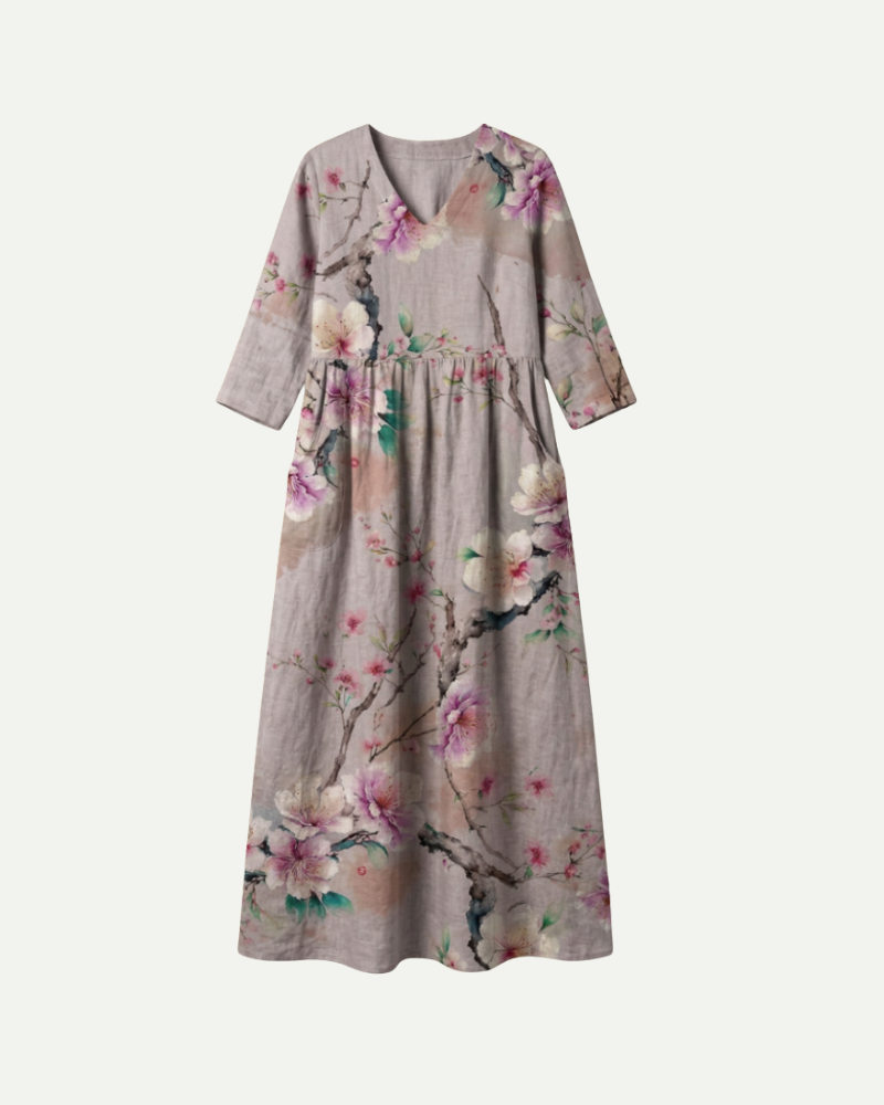 Émilie | Floral A-Line Midi Dress with Long Sleeves
