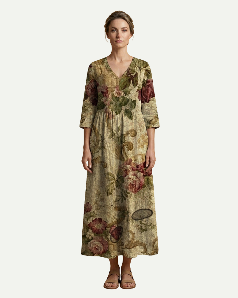 Émilie | Floral A-Line Midi Dress with Long Sleeves