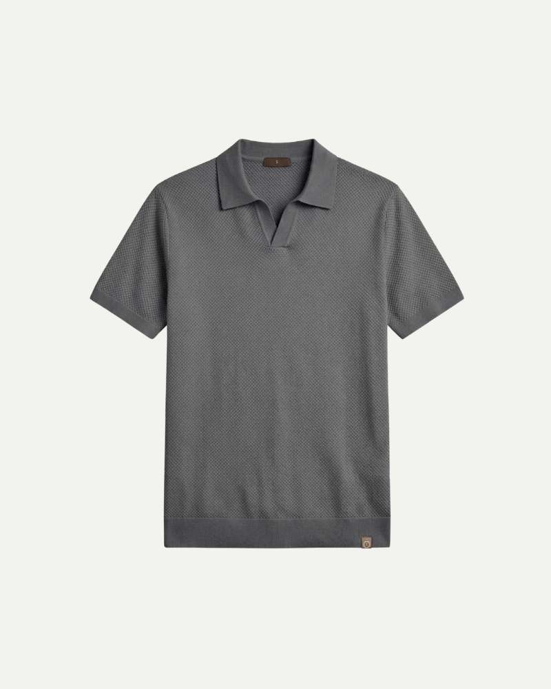 Men’s gray knit polo shirt short sleeve relaxed fit front view