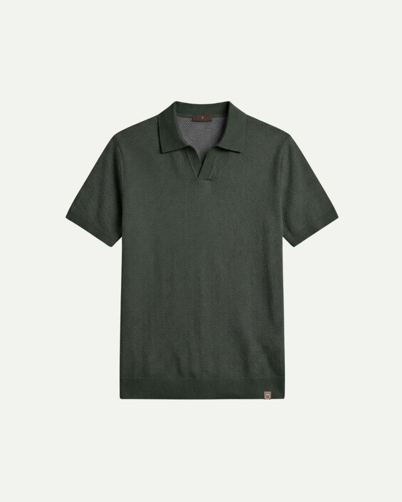 Men’s dark green knit polo shirt short sleeve relaxed fit front view