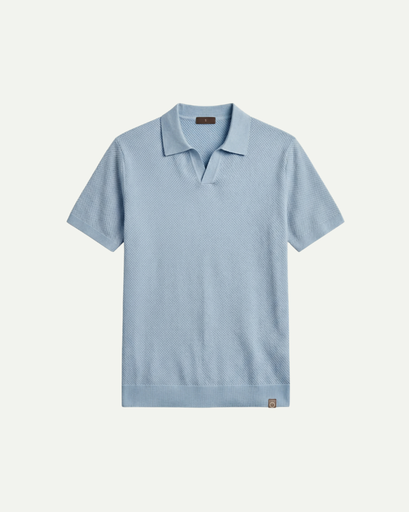Men’s sky blue knit polo shirt short sleeve relaxed fit front view