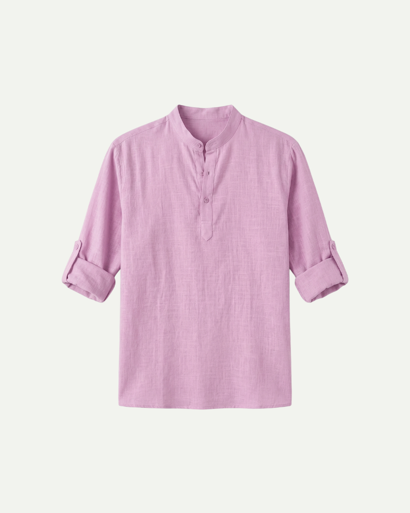 Men’s pink linen pullover shirt relaxed fit stand collar short sleeve front view