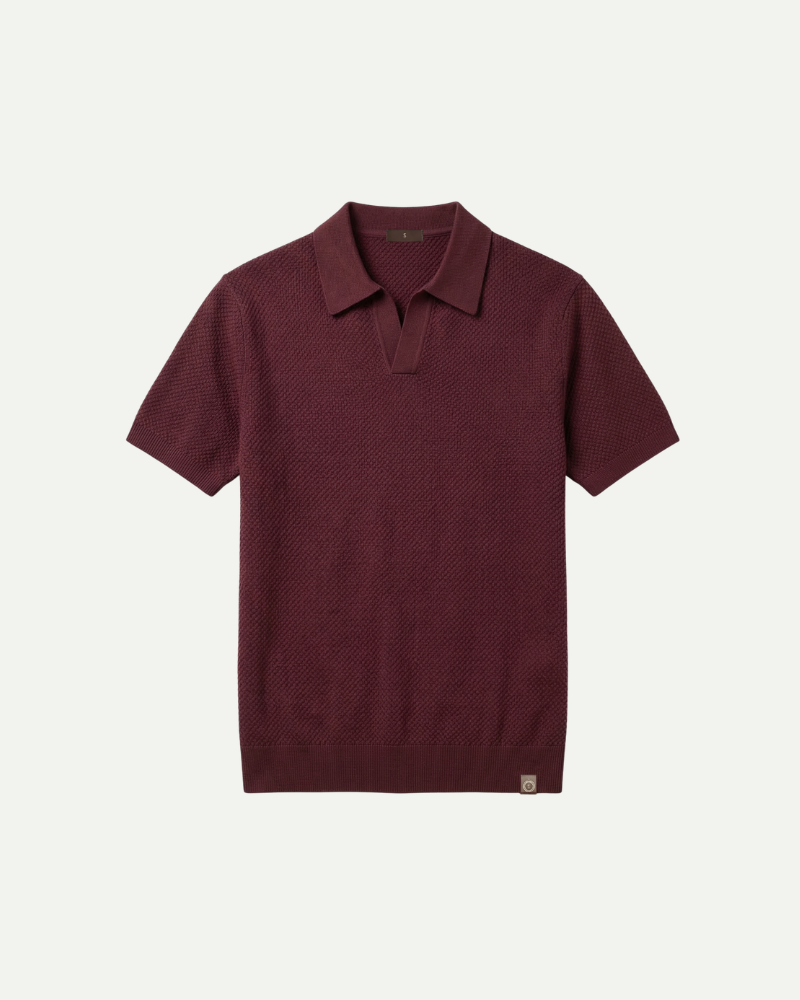 Men’s burgundy knit polo shirt short sleeve relaxed fit front view