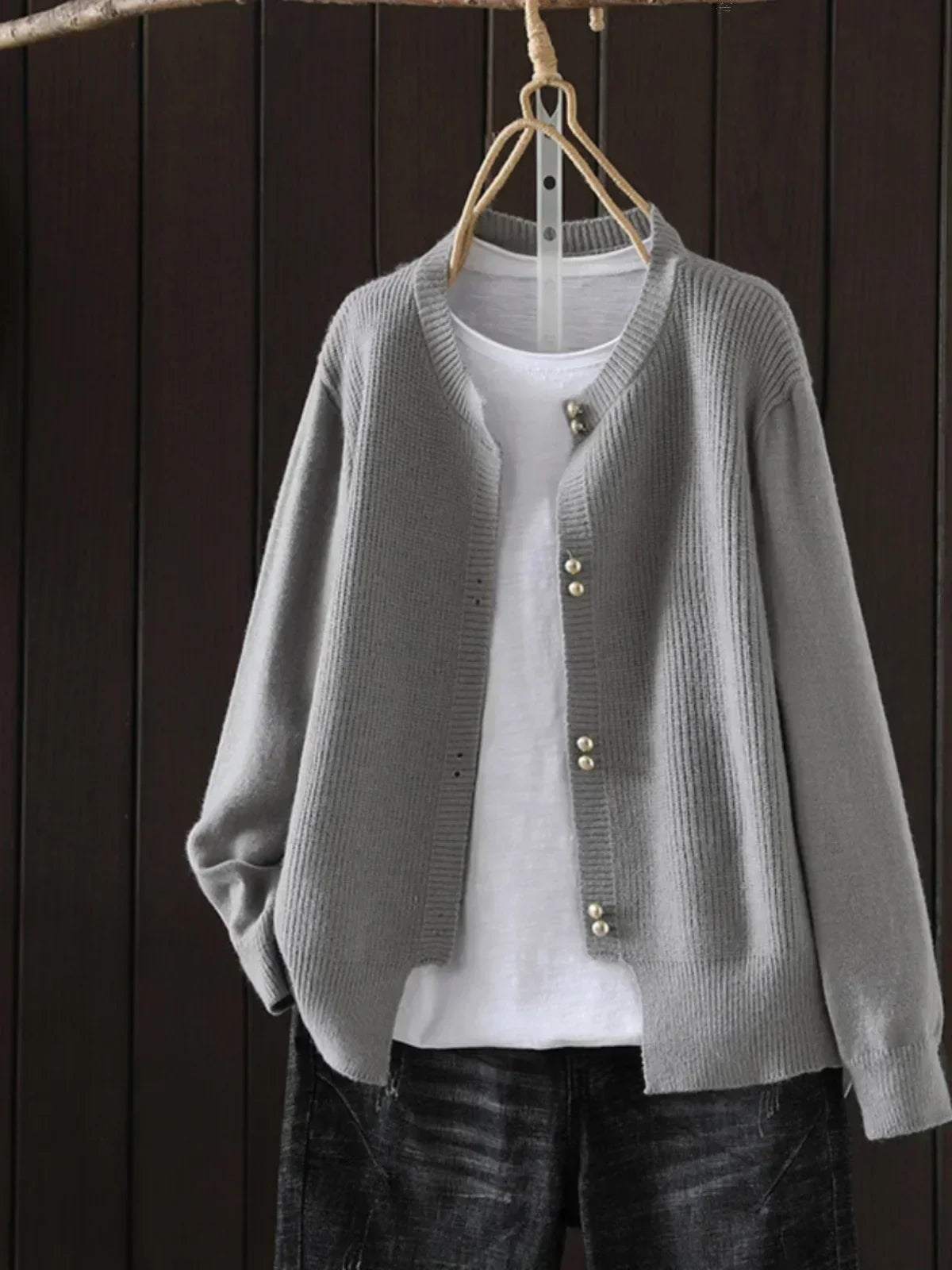 Women's round neck knit cardigan — studio view 2, Aveloire