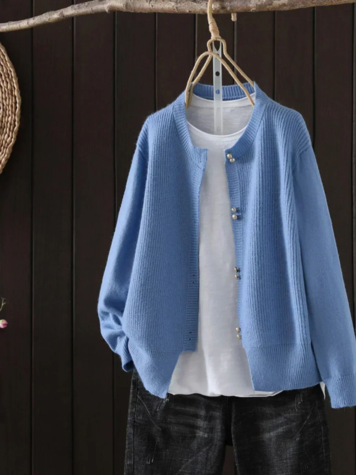 Women's round neck knit cardigan — studio view 3, Aveloire