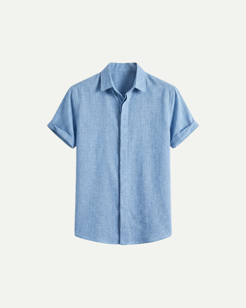 Light blue short sleeve button up shirt men stand collar lightweight summer shirt