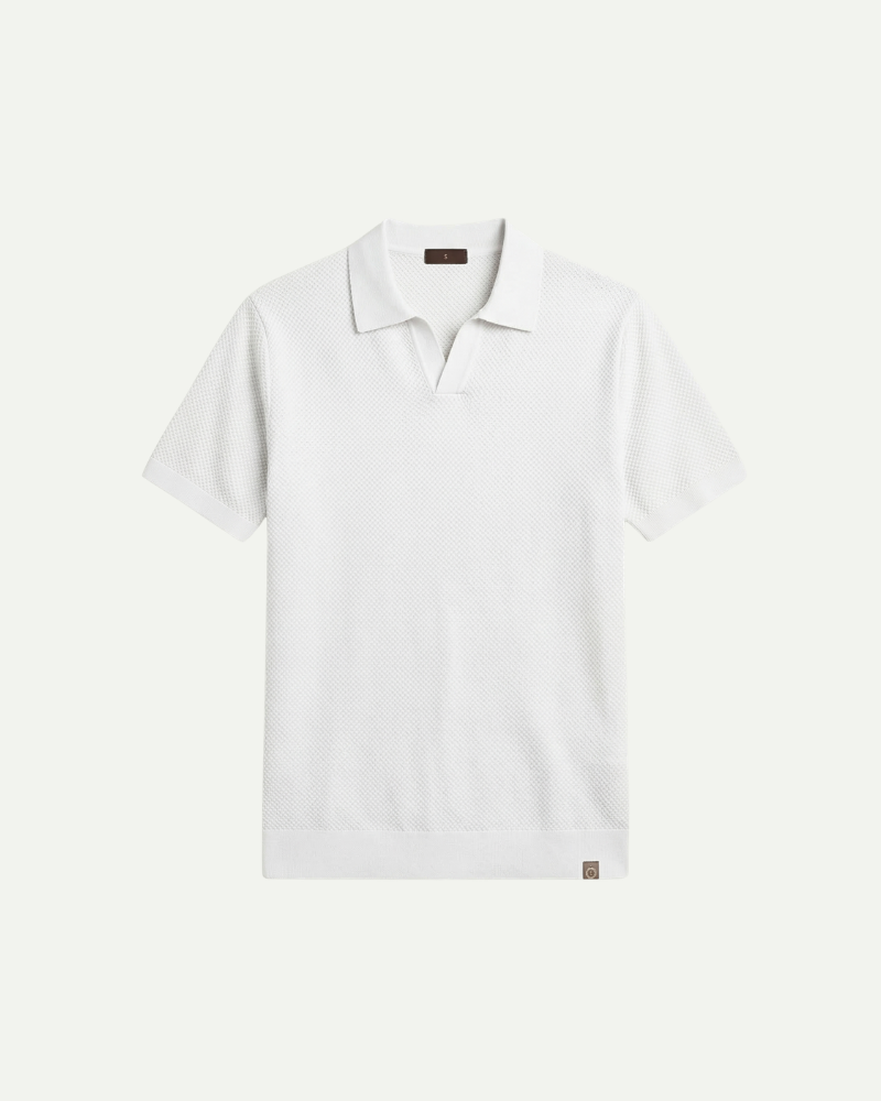 Men’s white knit polo shirt short sleeve relaxed fit front view