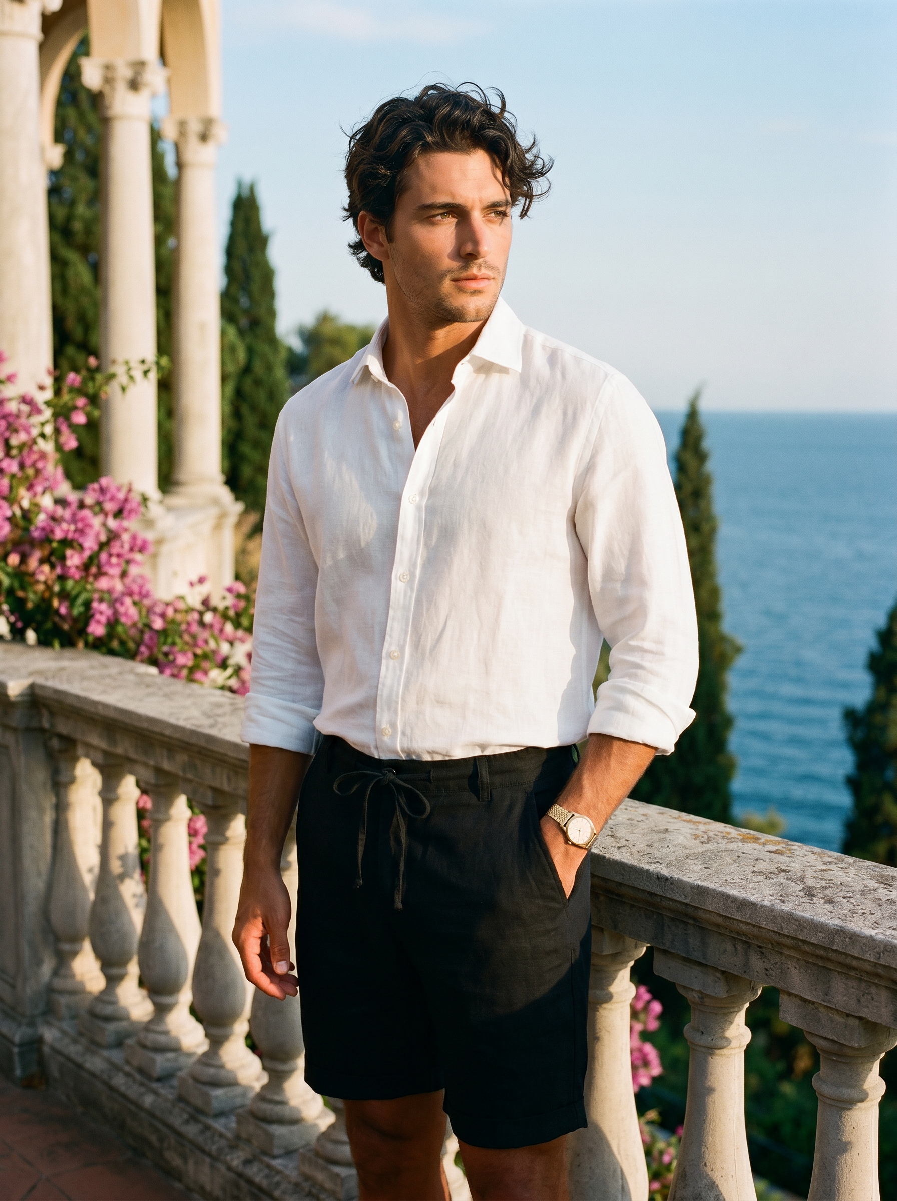 Men's black linen shorts with belt loops and button closure — Aveloire Lucien