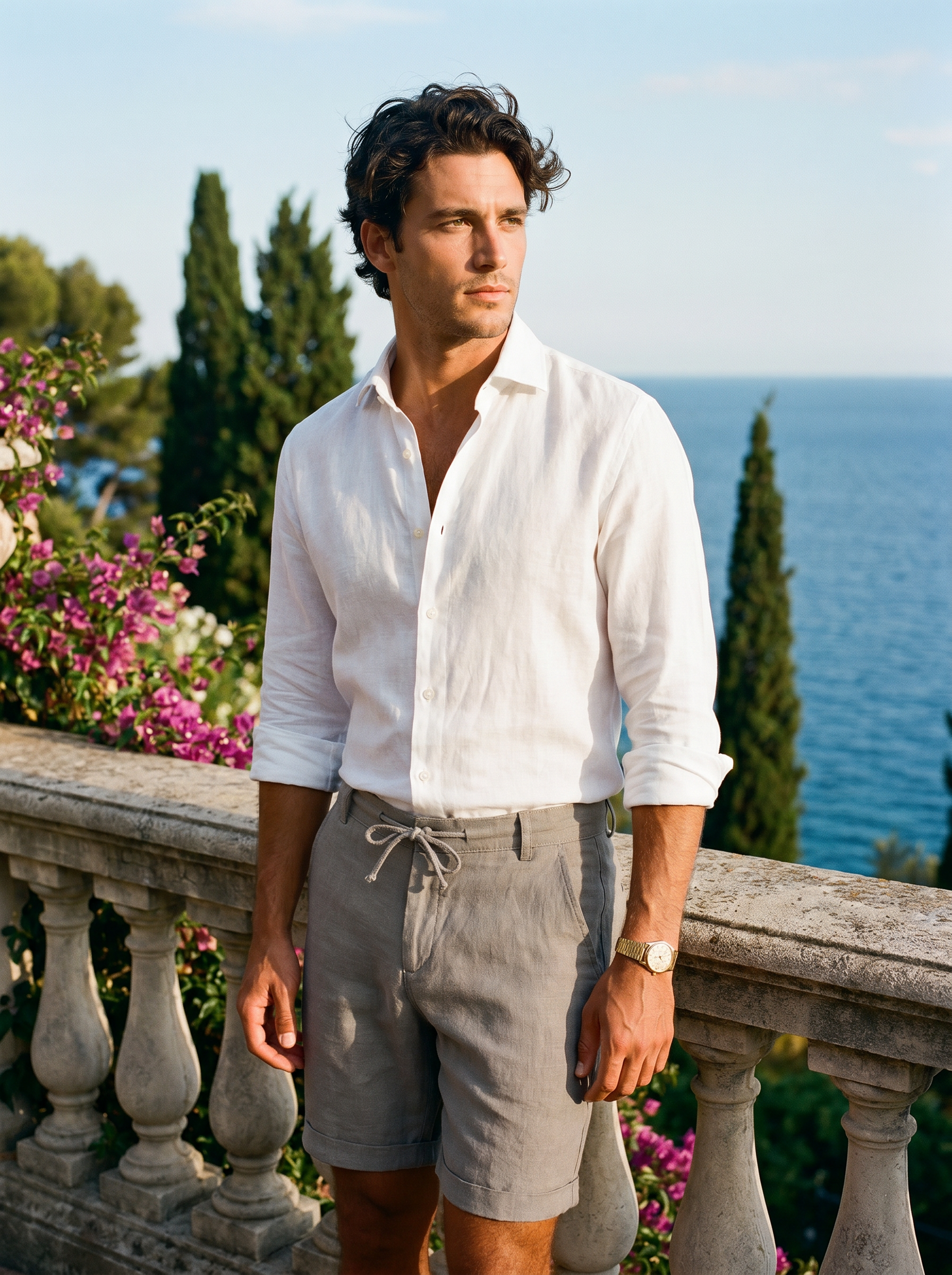 Men's gray linen shorts with belt loops and button closure — Aveloire Lucien