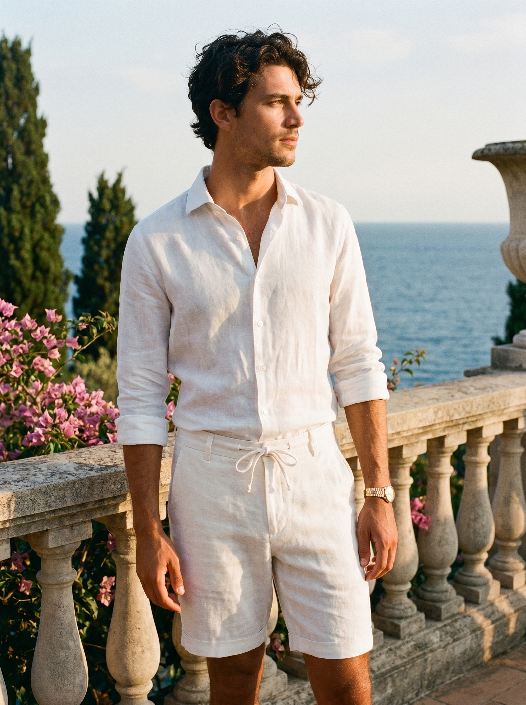 Men's white linen shorts with belt loops and button closure — Aveloire Lucien
