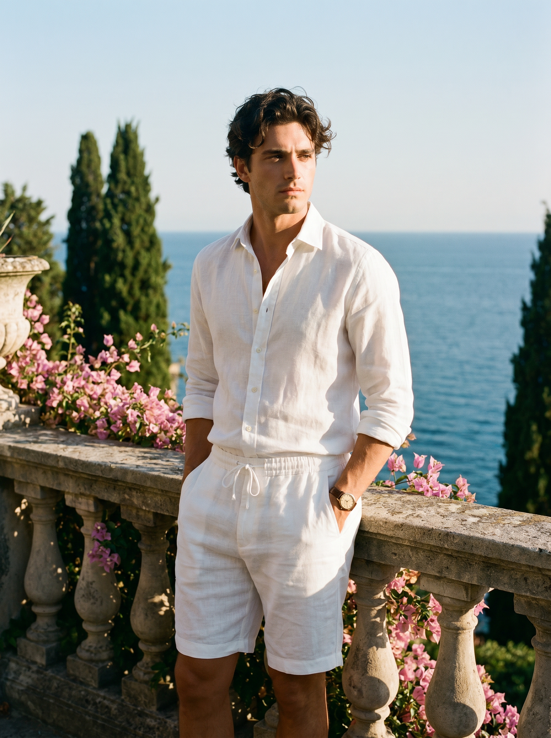 Men's white linen straight-cut shorts above the knee — Aveloire Marlowe