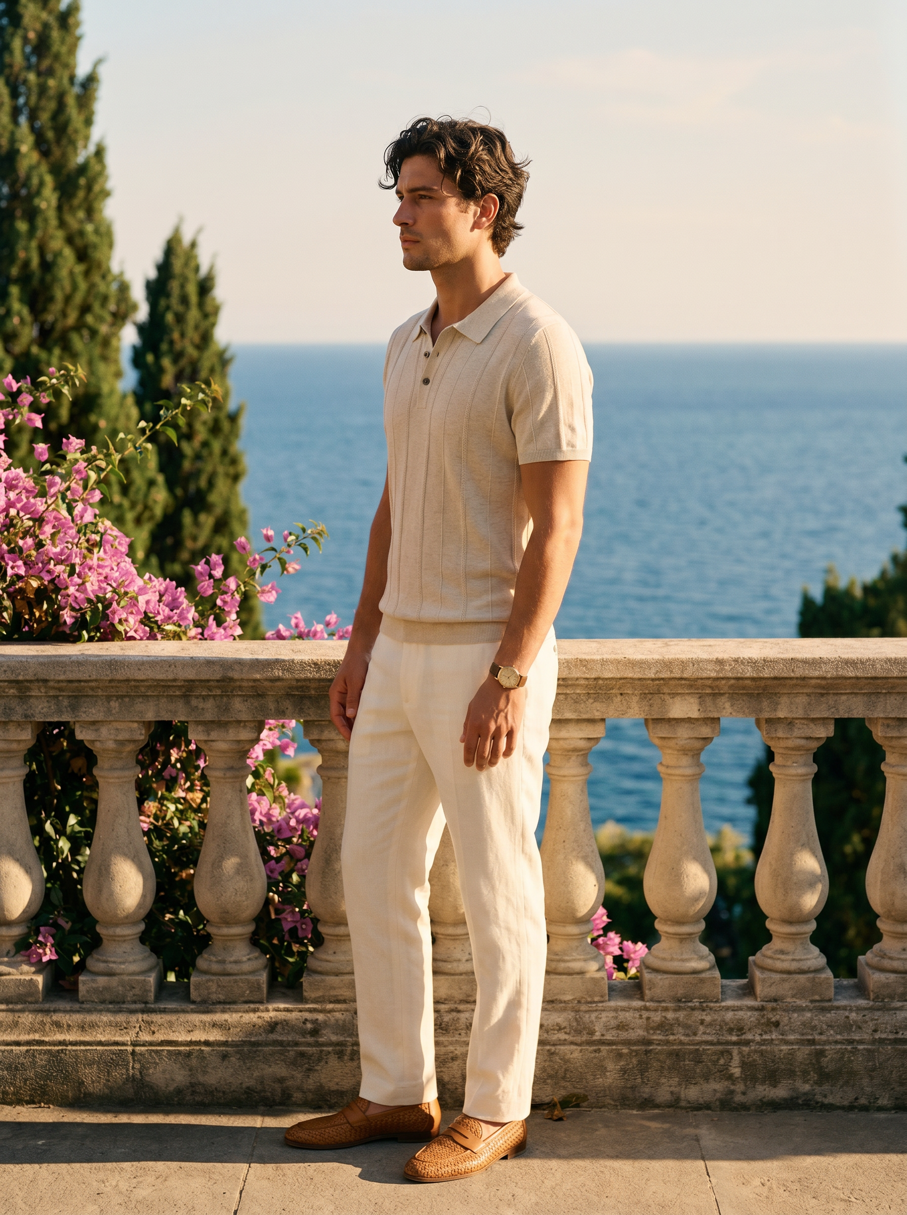 Men's beige linen-blend knit polo, side profile — Aveloire Sébastien