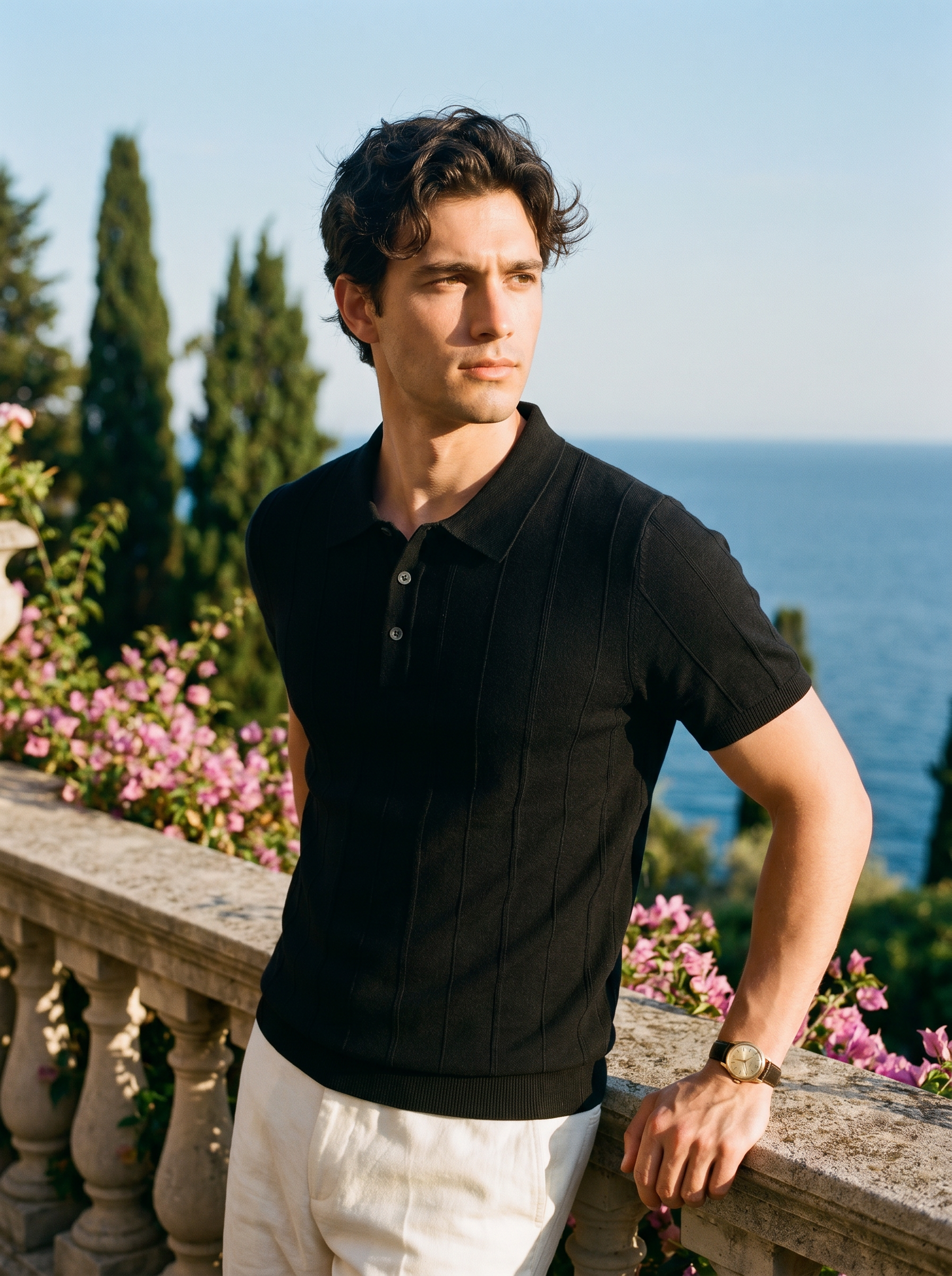 Men's black linen-blend ribbed knit polo with lapel collar — Aveloire Sébastien