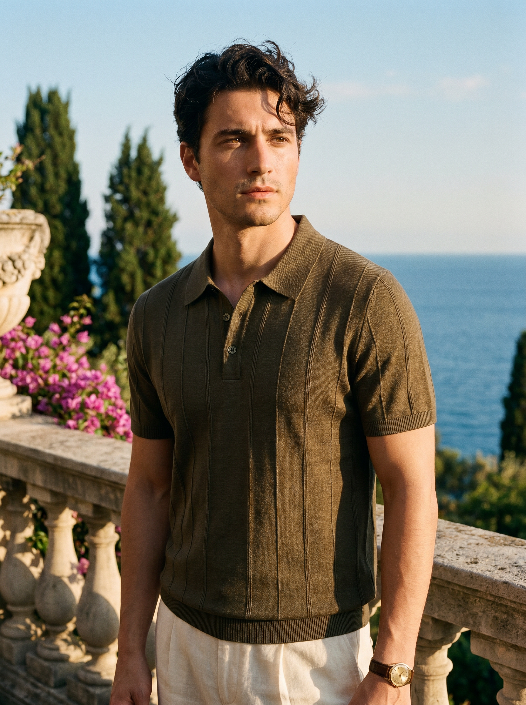 Men's olive-brown linen-blend ribbed knit polo with lapel collar — Aveloire Sébastien